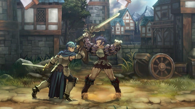 Ein Ritter schneidet auf eine muskulöse Frau zu, beide mit Schwertern